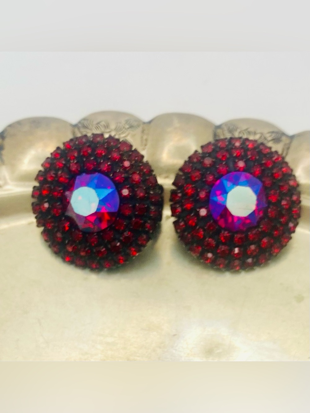 Rare Vintage WEISS Red Rhinestone Triple Halo AB Clip-On Earrings